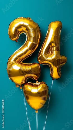 Golden Balloons Celebrating the 24th Birthday on a Teal Background photo