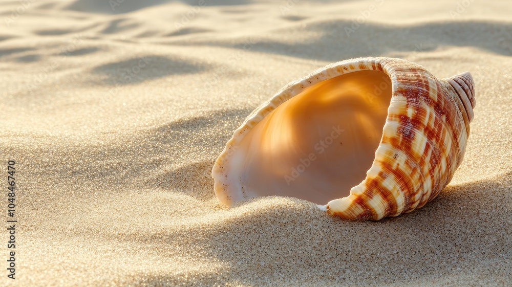 Seashell on sandy beach, lit by sunlight Tranquil and empty Seashell on sandy beach, lit by sunlight Tranquil and empty