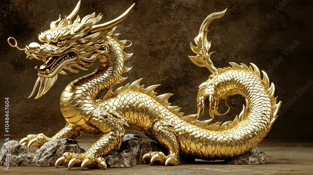 A golden dragon statue sits on rocks in front of a brown background A golden dragon statue sits on rocks in front of a brown background