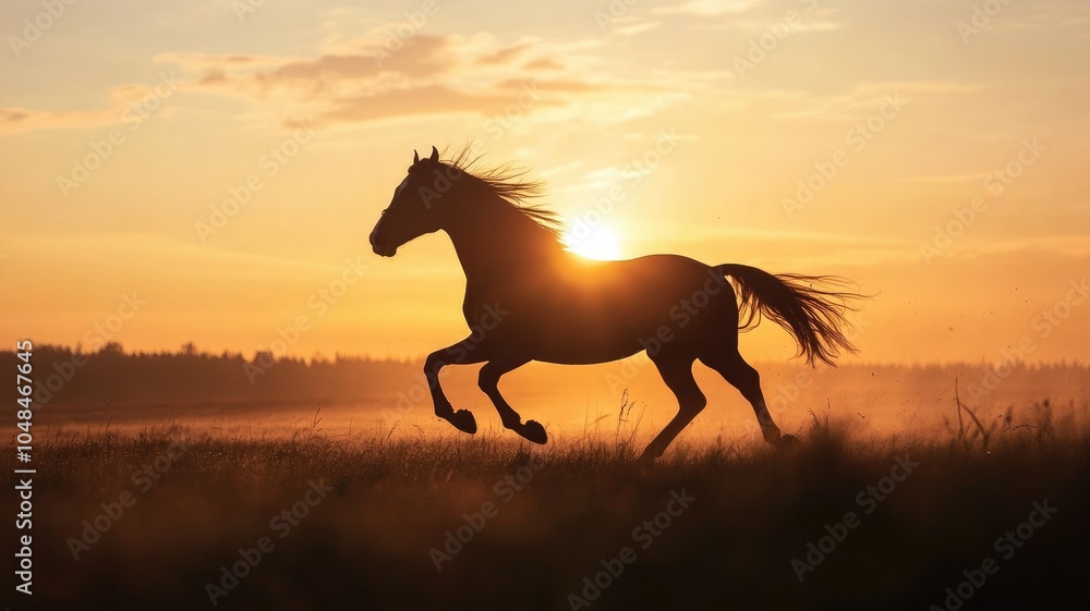Silhouette of horse running at sunset in open field Silhouette of horse running at sunset in open field