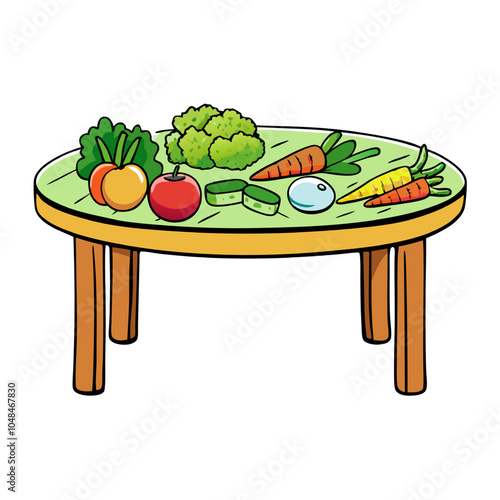 Fresh Produce Table: Vibrant carrots, tomatoes, cucumbers, and lettuce arranged on a green table with wooden legs. This cartoon illustration captures the essence of a healthy and delicious harvest. 