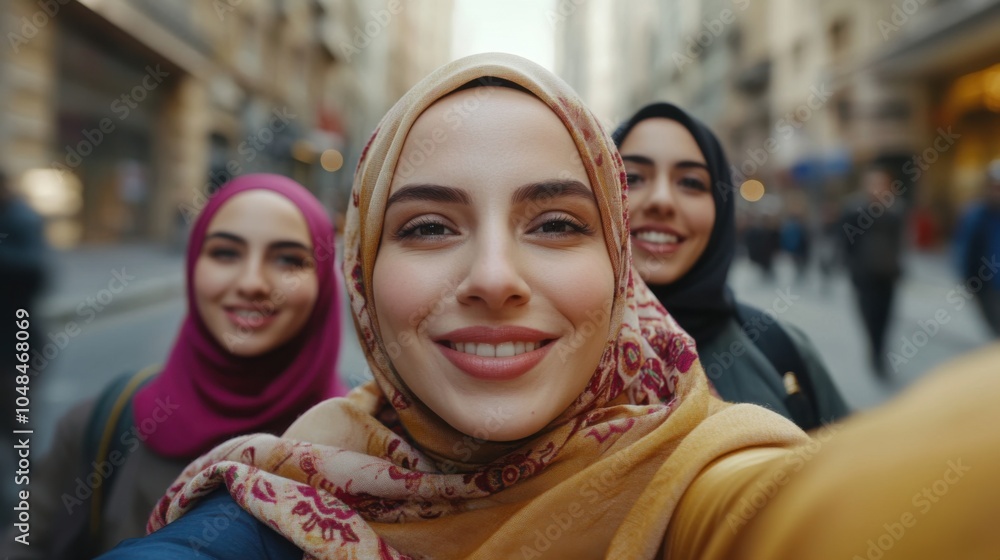 Group of Friends - Happy Young Muslim Women in Hijab Smiling for Selfie on Busy City Street During Winter. Generative ai Group of Friends - Happy Young Muslim Women in Hijab Smiling for Selfie on Busy City Street During Winter. Generative ai