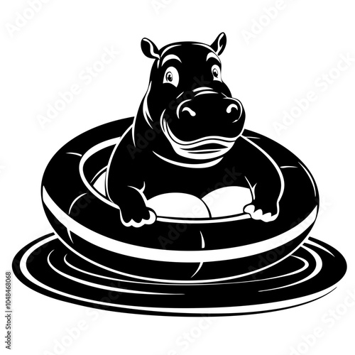 Hippo in a Pool Tube: A cheerful hippopotamus enjoys a relaxing float in a pool tube, depicted in a playful black and white illustration style. Perfect for summer themes and children's content.