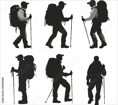 Set of vector hiking silhouettes in various poses. Vector silhouettes of hiking silhouettes. Man hiking in mountains silhouettes vector. Hiker mountain climber silhouette vector