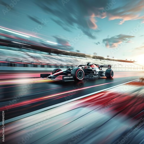 Race car racing on a track with speeding motion blur 
