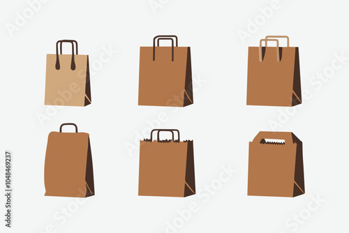 Vector illustration craft brown paper bags set on a white background craft brown paper bag and handle vector mockup. shopping package