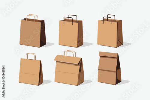 Vector illustration craft brown paper bags set on a white background craft brown paper bag and handle vector mockup. shopping package