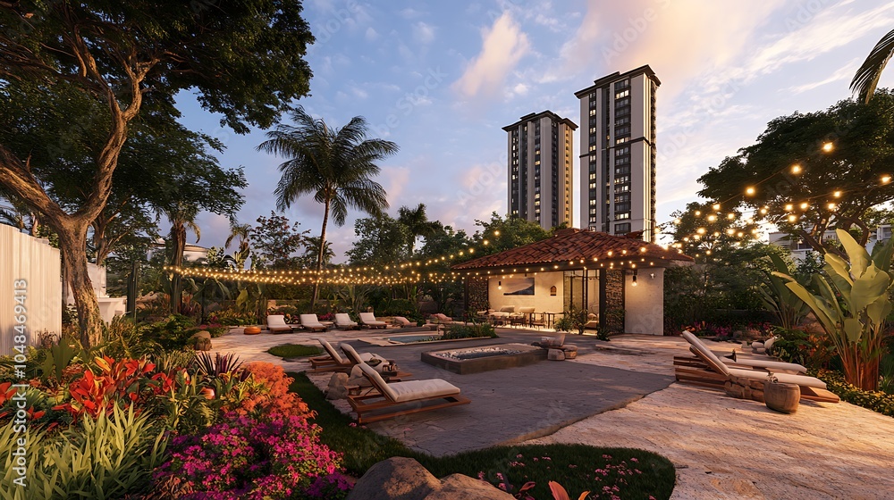 Fototapeta premium Urban Rooftop Garden with Comfortable Lounge Setup