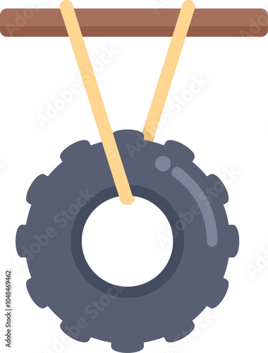 Tire swing is hanging from a wooden plank using rope, isolated on white background