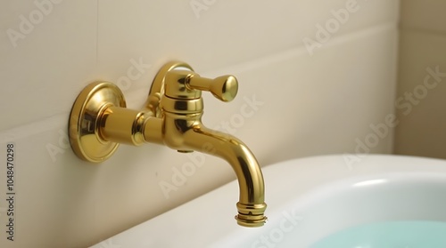 Gold faucet in the bathroom with cold water. Vintage mixer tap in a modern interior. photo