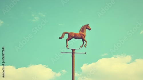 Vintage horse weathervane against sky backdrop