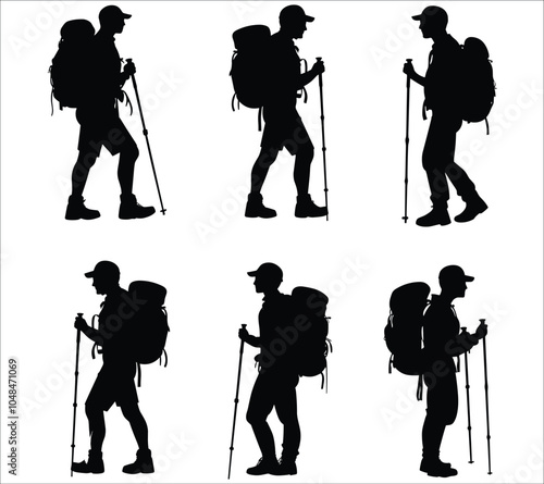 Set of vector hiking silhouettes in various poses. Vector silhouettes of hiking silhouettes. Man hiking in mountains silhouettes vector. Hiker mountain climber silhouette vector