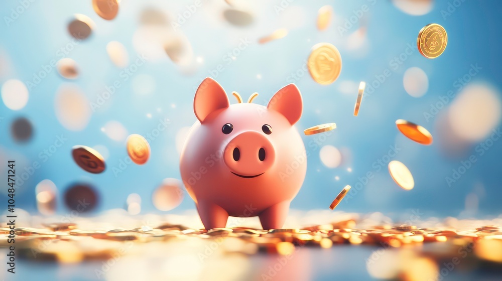 A pink piggy bank stands on a pile of gold coins with more coins falling around it, against a blue background. A pink piggy bank stands on a pile of gold coins with more coins falling around it, against a blue background.