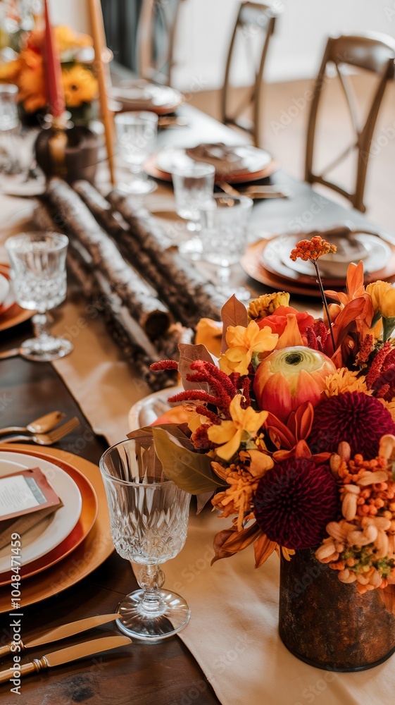 Fototapeta premium Autumn-Themed Dining Table with Pumpkins and Flowers