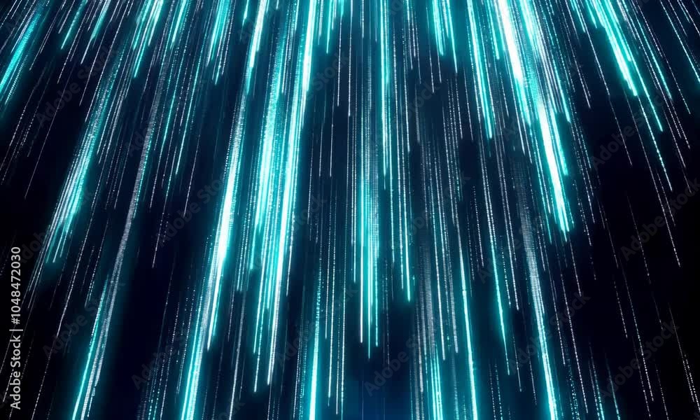 Experience a captivating display of cascading neon blue light streaks against a dark backdrop, perfect for adding a vibrant touch to digital projects and visual art.