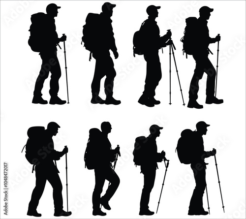 Set of vector hiking silhouettes in various poses. Vector silhouettes of hiking silhouettes. Man hiking in mountains silhouettes vector. Hiker mountain climber silhouette vector