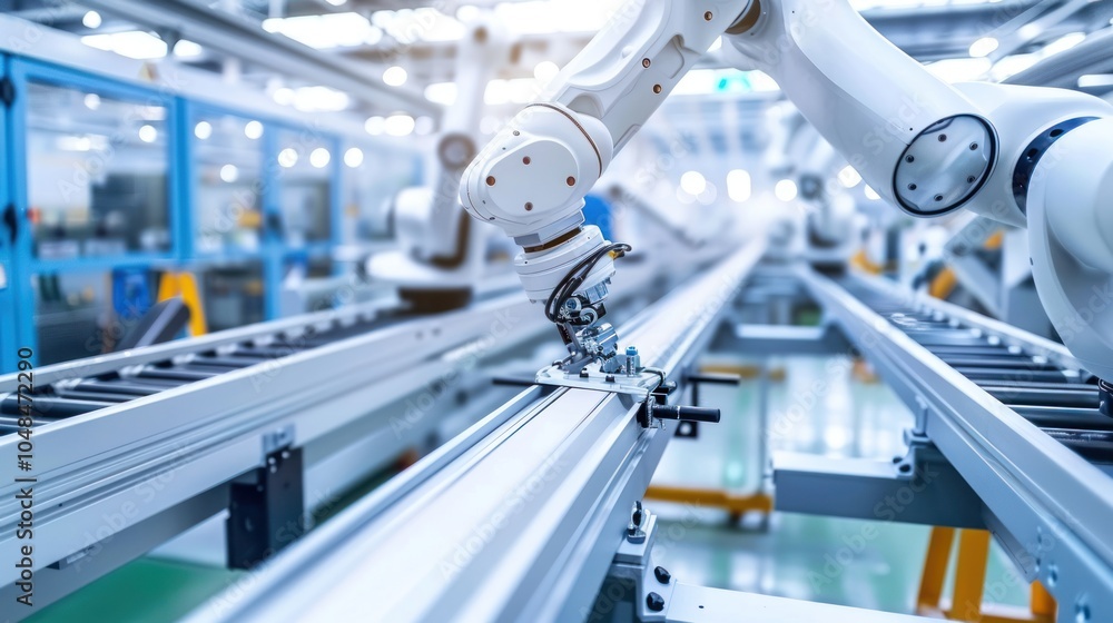 Industrial robotic arm operating on a conveyor belt in a factory Industrial robotic arm operating on a conveyor belt in a factory