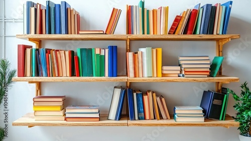 Colorful books arranged on a wooden shelf, showcasing a vibrant collection in a cozy reading space.