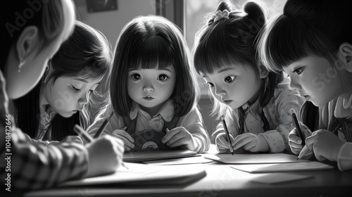 Group of cute little prescool kids drawing photo