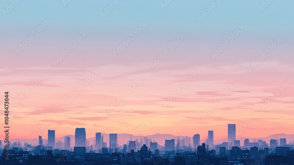 Fototapeta premium A serene evening sky with soft pastel colors, with the silhouette of a modern city skyline in the foreground against the peaceful horizon