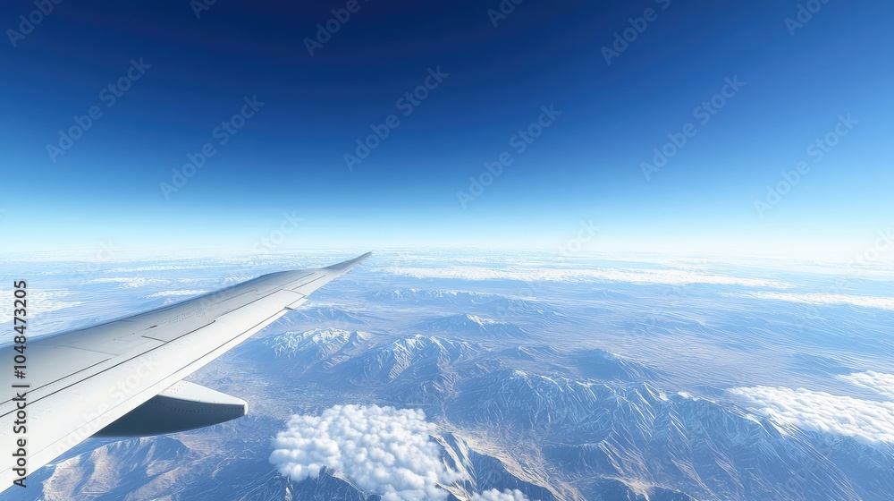 A beautiful blue sky with distant mountains visible below through an airplane window, with light clouds drifting across the horizon A beautiful blue sky with distant mountains visible below through an airplane window, with light clouds drifting across the horizon