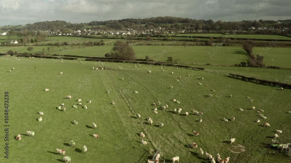 Aerial view from drone of sheep in flock in farm field in rural English countryside. Food and wool production in remote areas of England UK 4K Aerial view from drone of sheep in flock in farm field in rural English countryside. Food and wool production in remote areas of England UK 4K