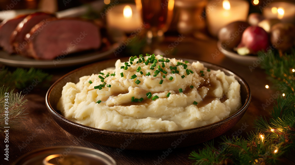 Creamy mashed potatoes with chives in a warm setting Creamy mashed potatoes with chives in a warm setting