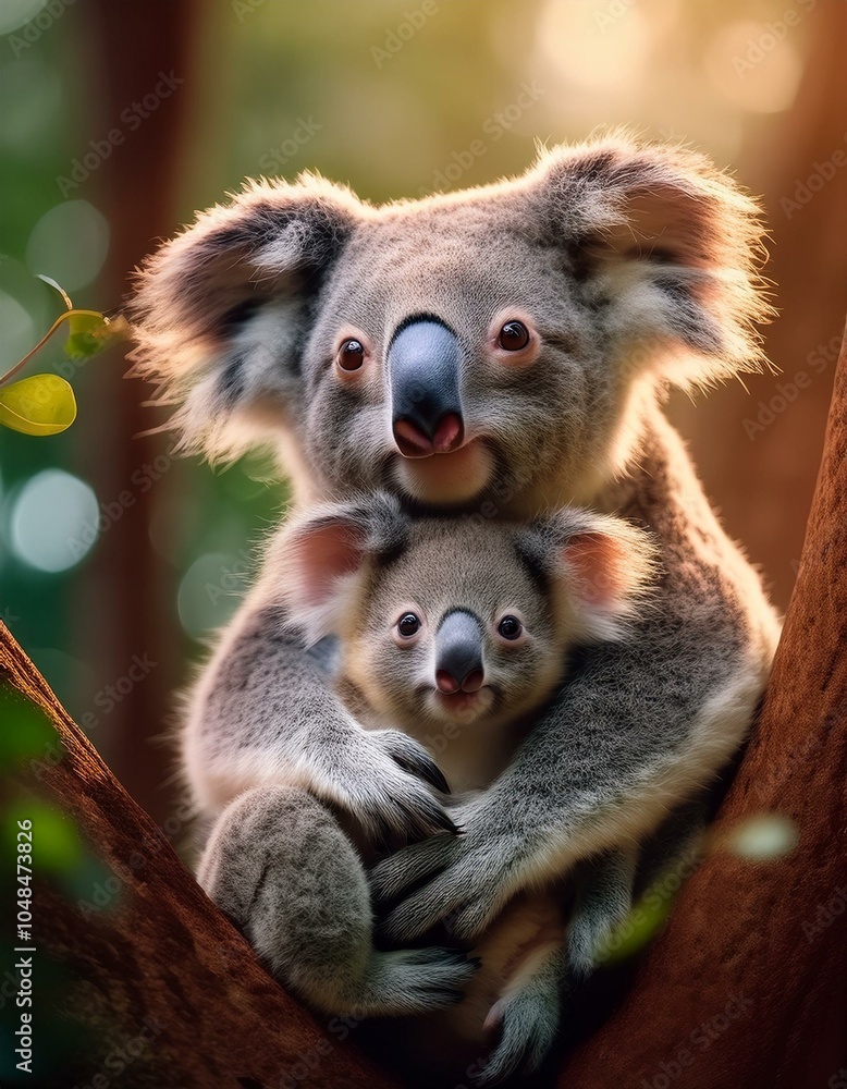 Naklejka premium Un koala junto a su cría en un arbol