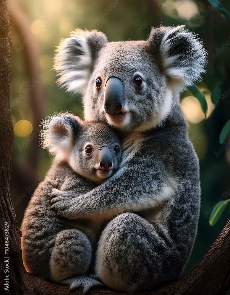Fototapeta premium Un koala junto a su cría en un arbol