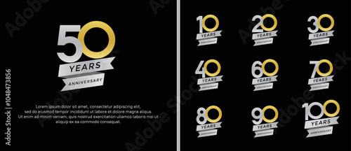 set of anniversary logo flat silver and gold color on black background for celebration moment
