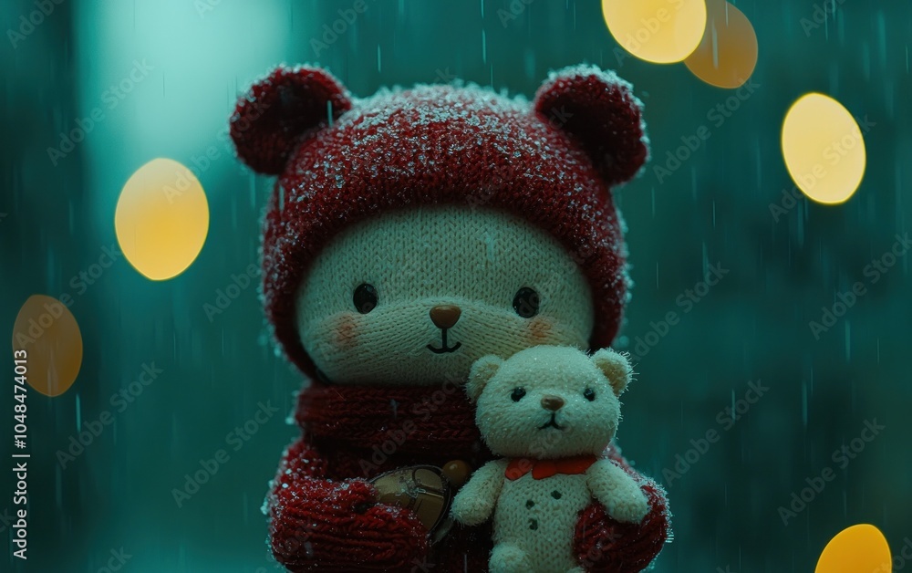 custom made wallpaper toronto digitalA cute teddy bear in red knitted sweater, holding another teddy bear against a bokeh background. Concept of friendship, love, and innocence.