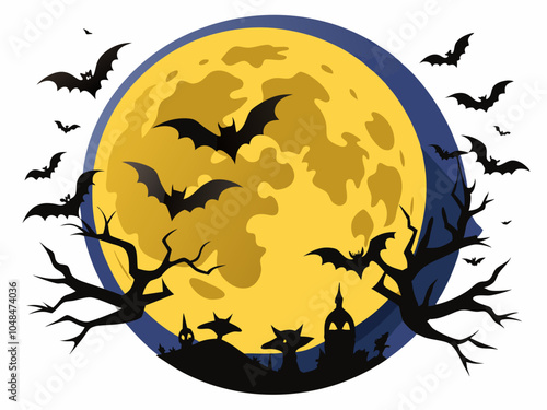 Full Moon with Flying Bats vector illustration on white background