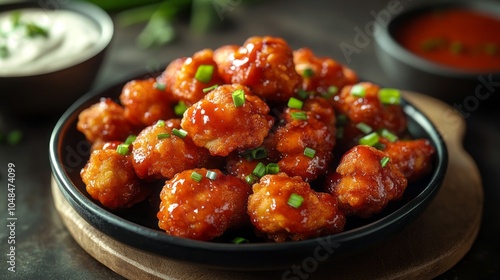 A plate of fried chicken with a dipping sauce