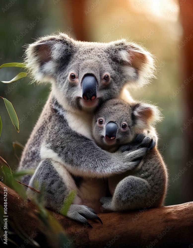 Obraz premium Un koala junto a su cría en un arbol