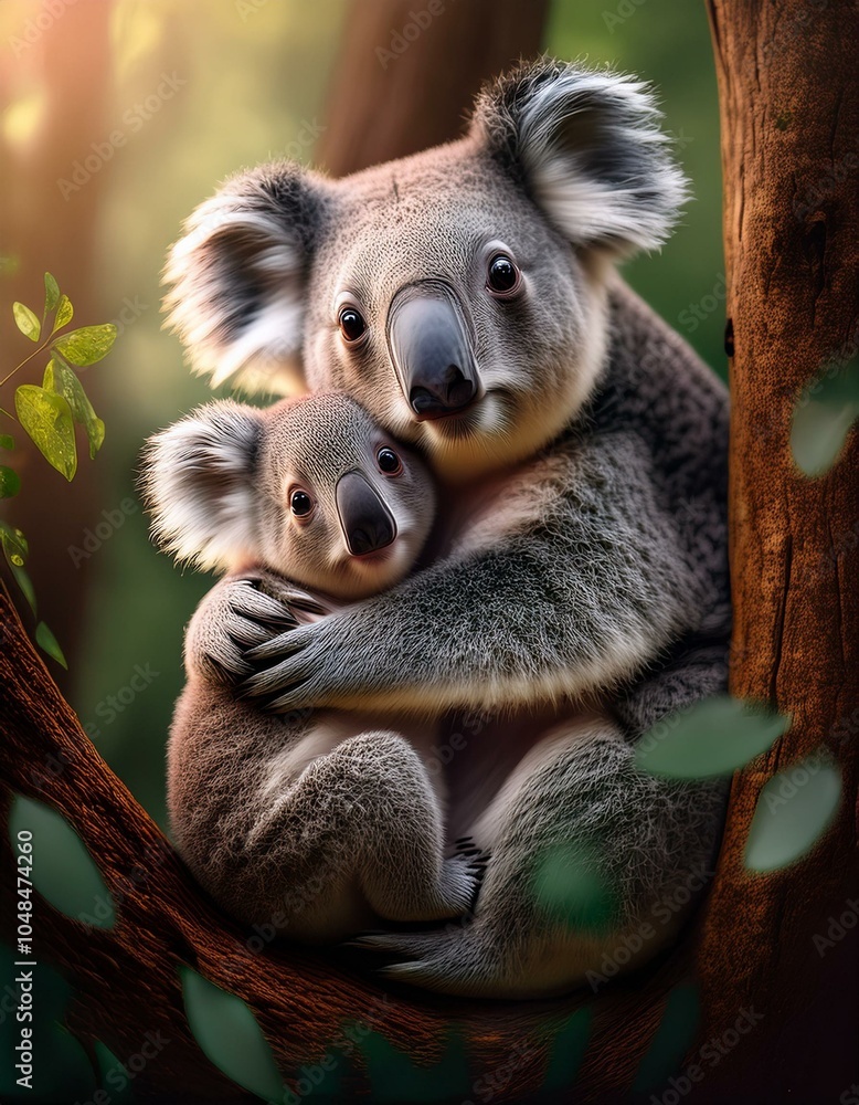 Naklejka premium Un koala junto a su cría en un arbol