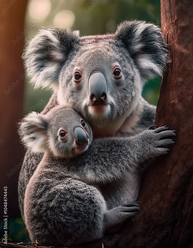 Fototapeta premium Un koala junto a su cría en un arbol