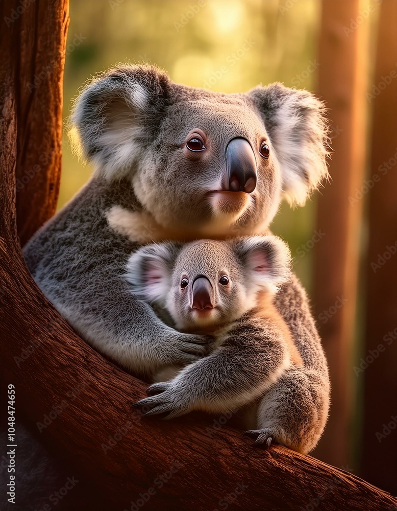 Fototapeta premium Un koala junto a su cría en un arbol