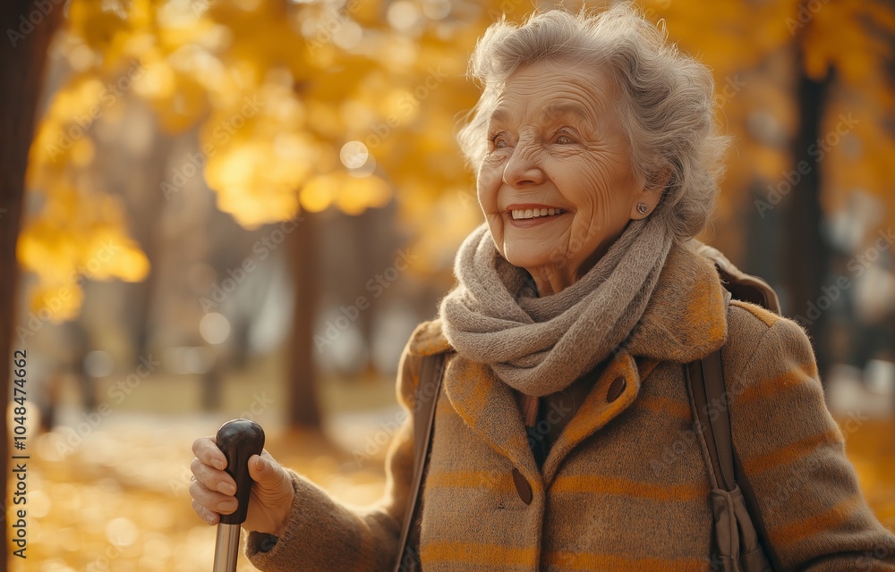 Walking in a park, smiling, an older woman in her 70s with a walking impairment holds the knob of her cane while leaning on a gimp stick. Walking in a park, smiling, an older woman in her 70s with a walking impairment holds the knob of her cane while leaning on a gimp stick.