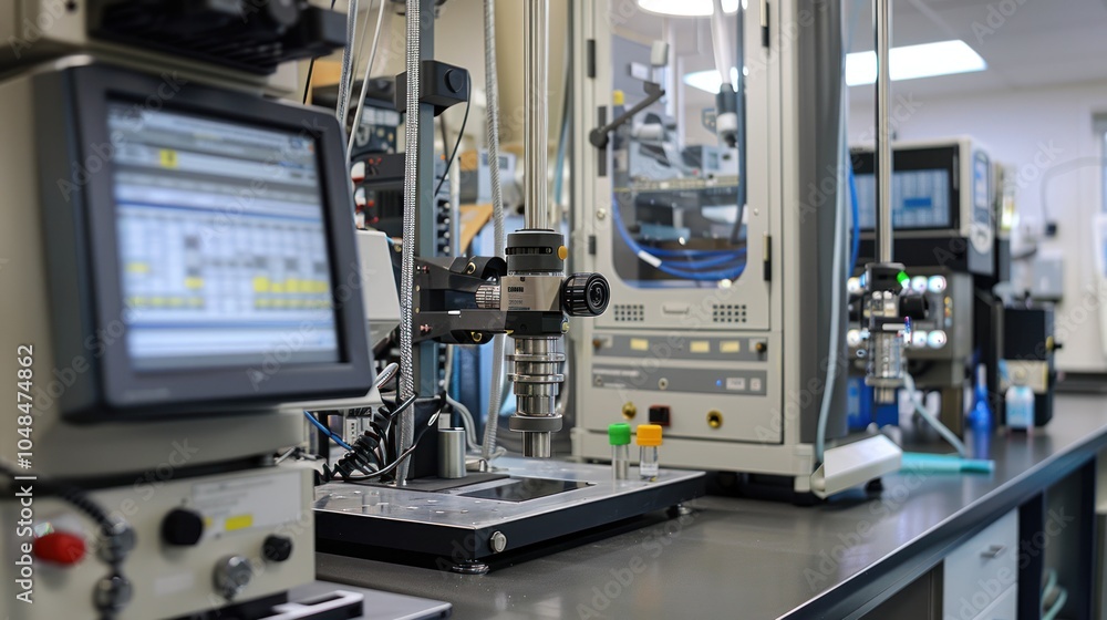 Fototapeta premium Close-up of a Laboratory Machine with a Digital Display and Test Tubes