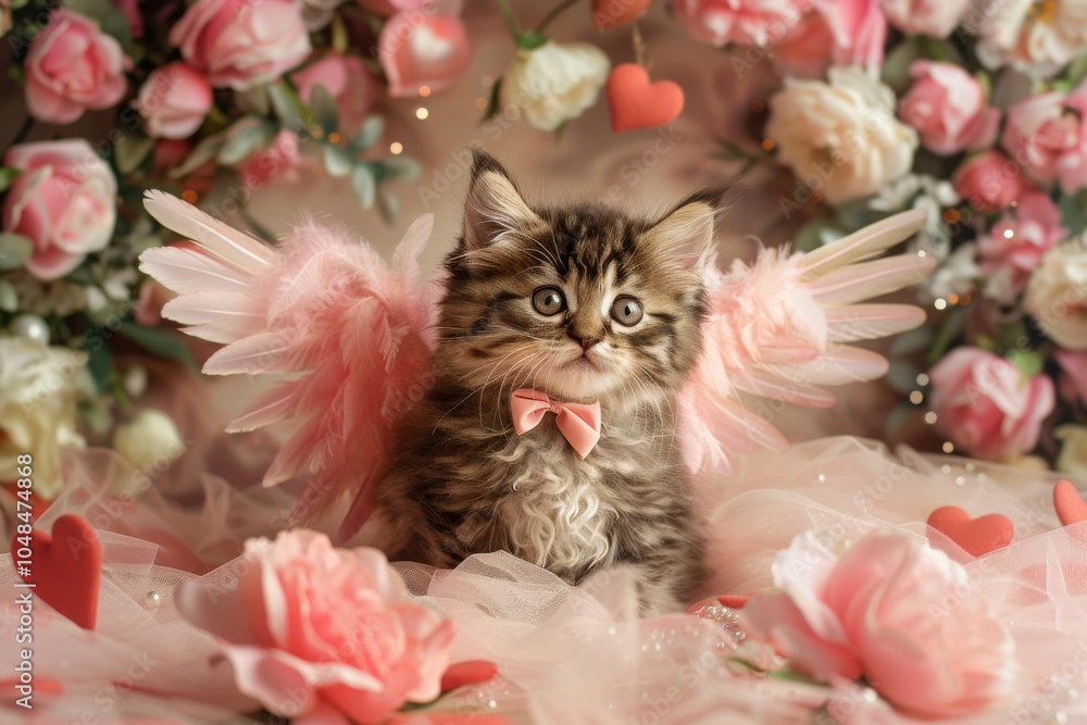 Adorable kitten with angel wings surrounded by pink roses and hearts in a whimsical setting Adorable kitten with angel wings surrounded by pink roses and hearts in a whimsical setting