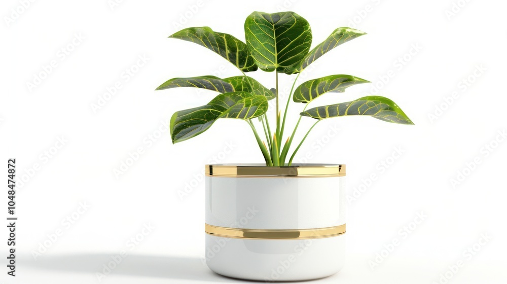 A green leafy plant in a white pot with gold trim A green leafy plant in a white pot with gold trim