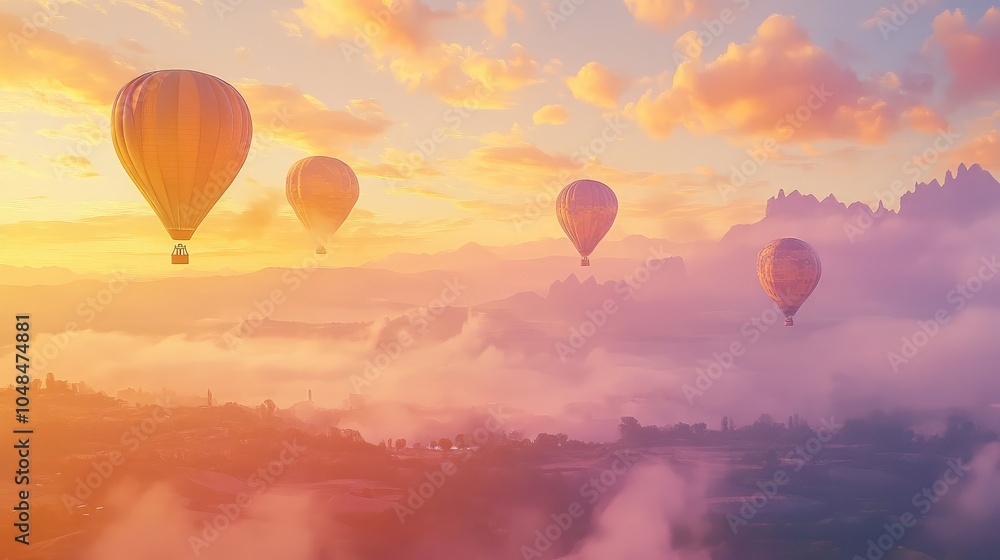 Obraz premium A breathtaking view of hot air balloons drifting through a pastel-colored sky at dawn, with the landscape bathed in soft golden light