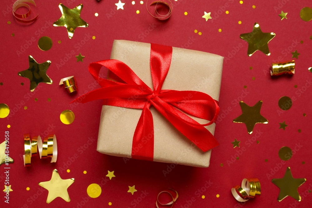 Beautiful gift box tied with bow on color background Beautiful gift box tied with bow on color background