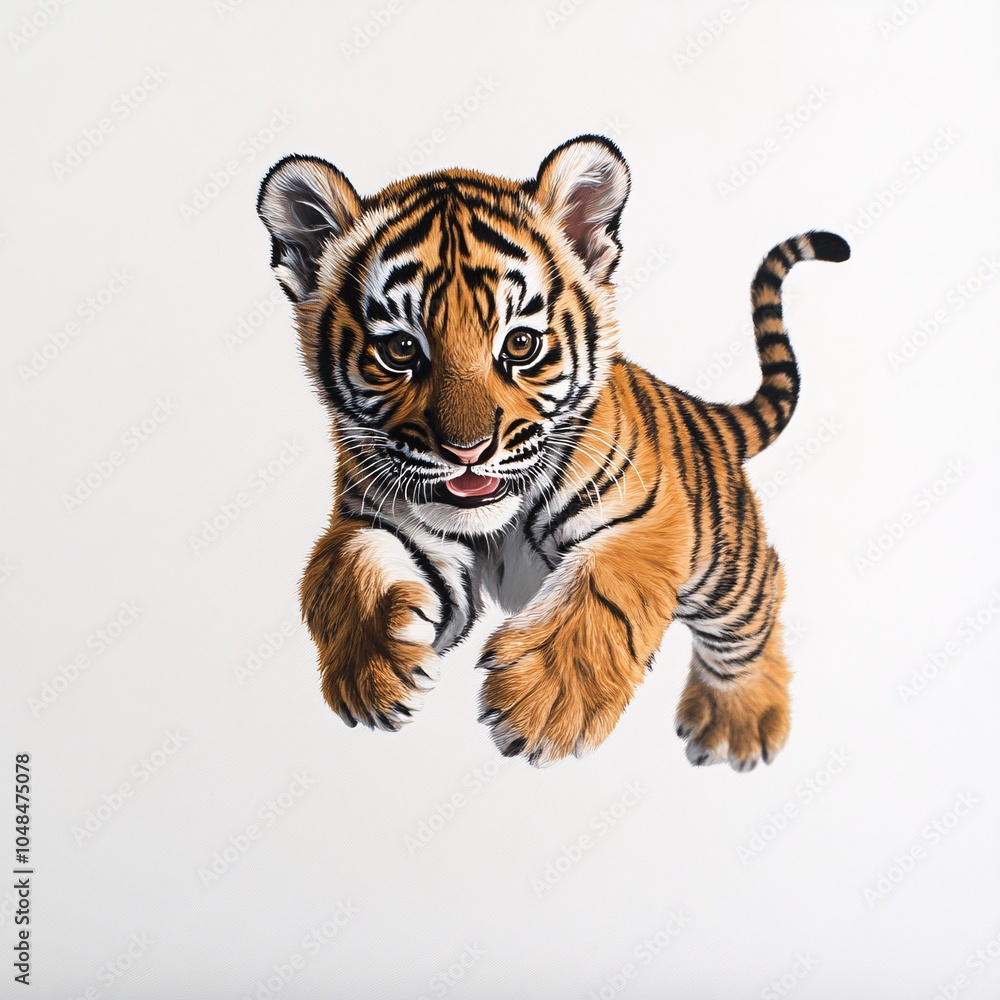 Obraz premium A tiger cub pouncing playfully, set against a white backdrop