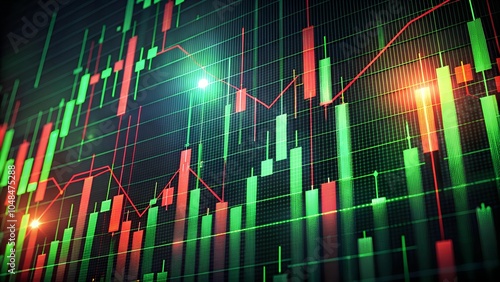 Dark-themed background with green and red trading indicators, representing market ups and downs.