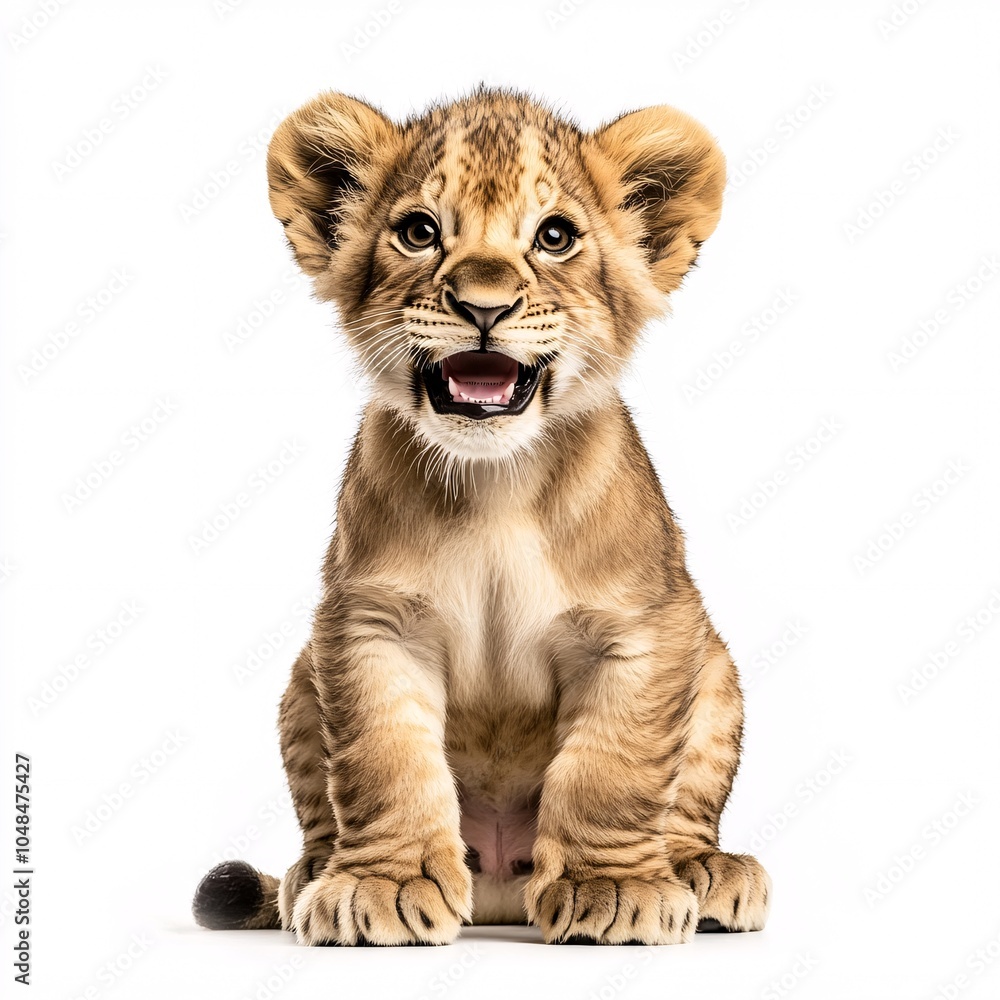 Obraz premium A smiling lion cub sitting on a white background, looking playful