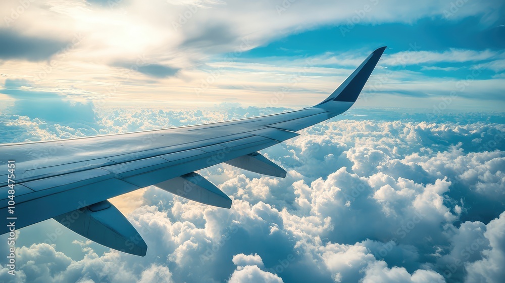 Obraz premium A bright midday view of the sky from an airplane window, with the airplane wing cutting across a sea of white clouds below