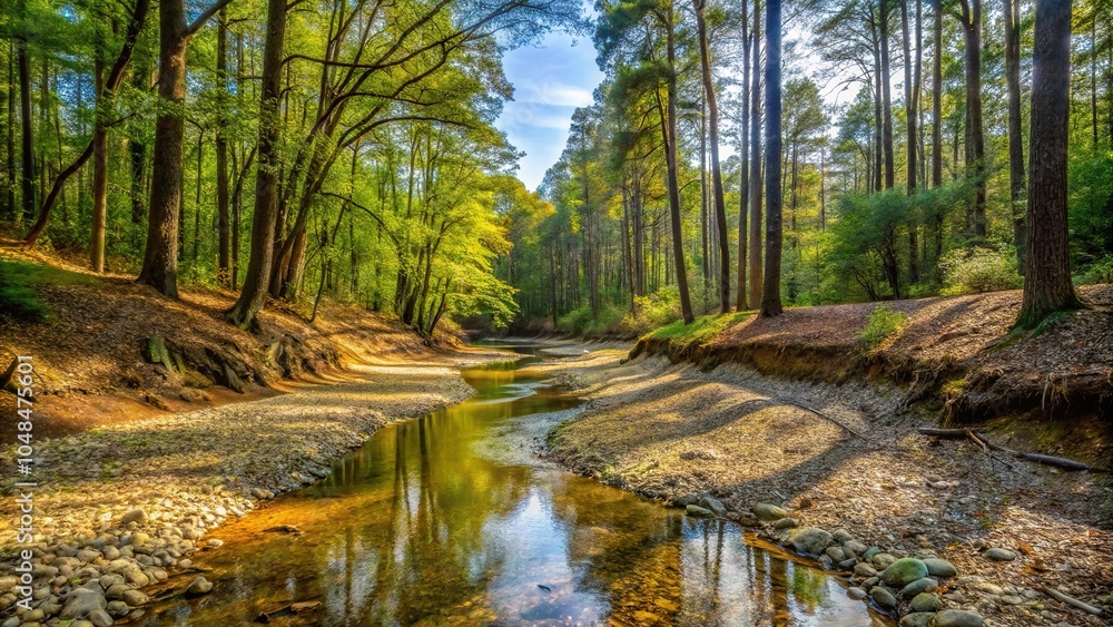 Obraz premium Tranquil landscape of Dry Creek Bed Evergreen Nature Preserve in Charlotte, North Carolina