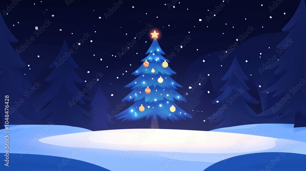 A vibrant blue Christmas tree adorned with lights glows under a starry night sky, surrounded by snow and dark evergreen trees. A vibrant blue Christmas tree adorned with lights glows under a starry night sky, surrounded by snow and dark evergreen trees.