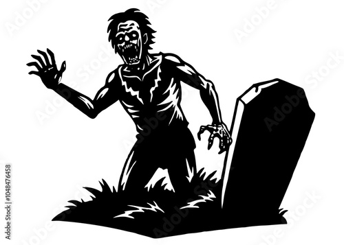 Zombie Rising from Grave silhouette vector black illustration on white background